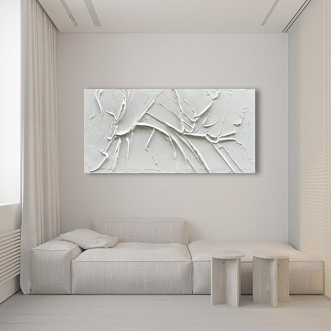 NANKAI Hand-Painted Thick Texture White Minimalist Oil Painting 30x60 Inch Large Contemporary Art Oil Painting, Home, Office Wall Decoration Art