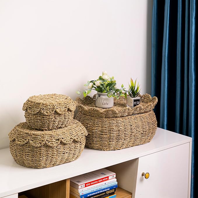 KOLWOVEN Set of 3 Wicker Storage Baskets with Lid - Decorative Handwoven Rattan Baskets for Organizing, Small Hyacinth Storage Boxes with Scalloped Edges, Natural Woven Storage Bins with Lids