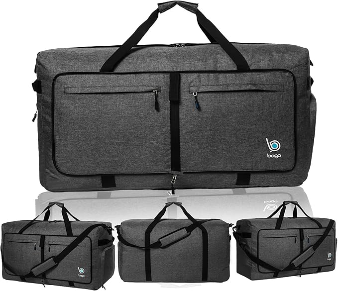 Bago Large Foldable Duffel Bags for Traveling Women & Men - 100L Packable Duffle Bag for Travel with Shoe Compartment - Water Repellant, Heavy Duty, Lightweight Folding & Collapsible (SnowBlack)