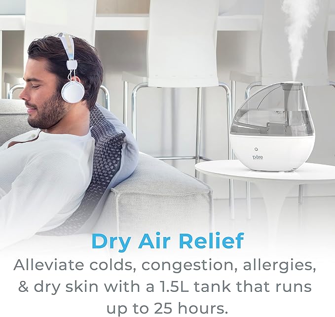 Pure Enrichment MistAire Silver Ultrasonic Cool Mist Humidifier for Bedroom, Office, Nursery & Indoor Plants - Lasts Up to 25 Hours, Whisper-Quiet Operation, Optional Night Light, & Auto Shut-Off