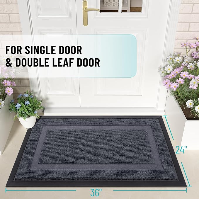 OLANLY Front Door Mat Indoor Outdoor Entrance, Waterproof All-Season, All-Weather Doormat, Sturdy Natural Rubber, Fade Resistant, Low Profile, Easy Clean Patio Porch Entryway Mat, 35x23, Light Grey