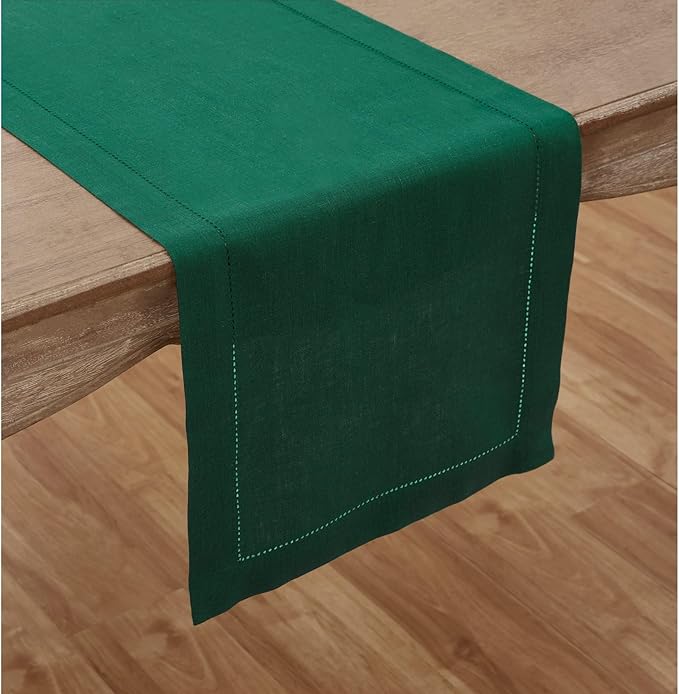Solino Home Linen Rainforest Green Table Runner 120 Inches Long - 100% Pure Linen Hemstitch 14 x 120 Inch Table Runner for Dining, Christmas, New Year - Classic Hemstitch