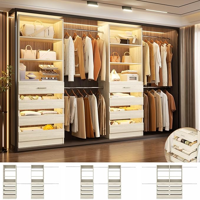 Aheaplus Closet System, 6-15Ft Closet Organizer with 8 Wooden Drawers, Wood Closet Organizer System with Tower, Walk-in Closet Organizer Wardrobe Garment Clothes Rack with 4 Hanging Rods, White Oak