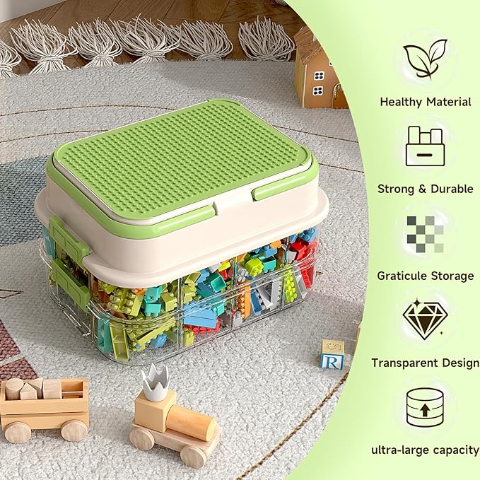 Toy Storage Organizer Box with Handle, Stackable Building Block Toy Box with Building Plate Lid & Removable Sorting Trays, Cubby Bins and Containers 3 Layer (Green)