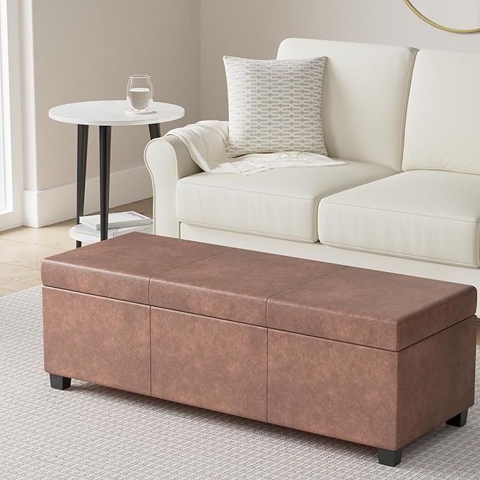 SIMPLIHOME Avalon 48 inch Wide Contemporary Rectangle Storage Ottoman Bench in Distressed Umber Brown Vegan Faux Leather, Assembled, For the Living Room, Entryway and Family Room