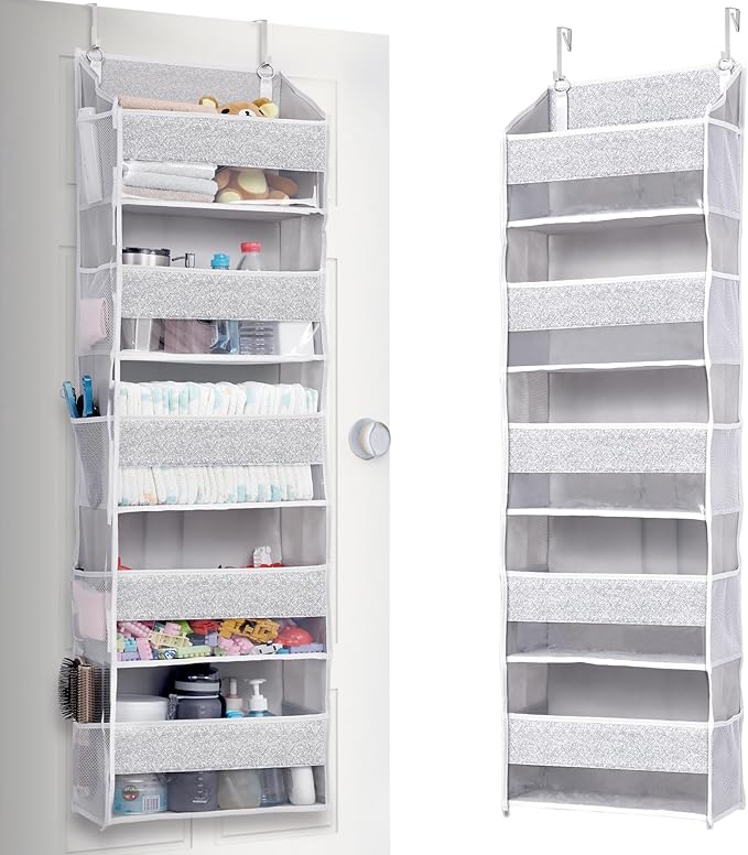 ULG 1 Pack Over Door Organizer with 5 Large Pockets 10 Mesh Side Pockets, Upgraded Linen Texture Over The Door Storage, 44 lbs Weight Capacity Hanging Storage Organizer, Light Gray
