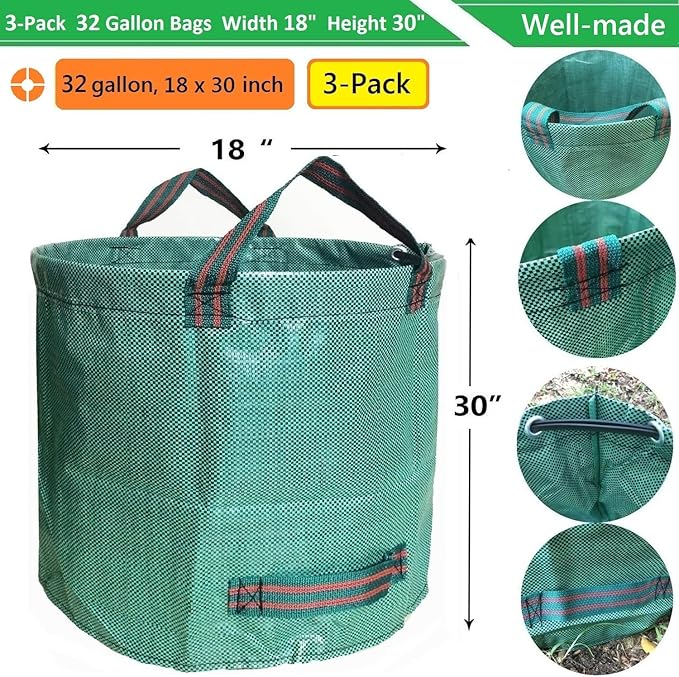 Standard 3-Pack 32 Gallons Yard Garden Bags (D18, H30 inches) with Gardening Gloves, Standable Reusable Leaf Bags,Plant Trimming Bag,Yard Waste Bags,Trash Container,Lawn Grass,Weeds Bag w/ 4 Handles