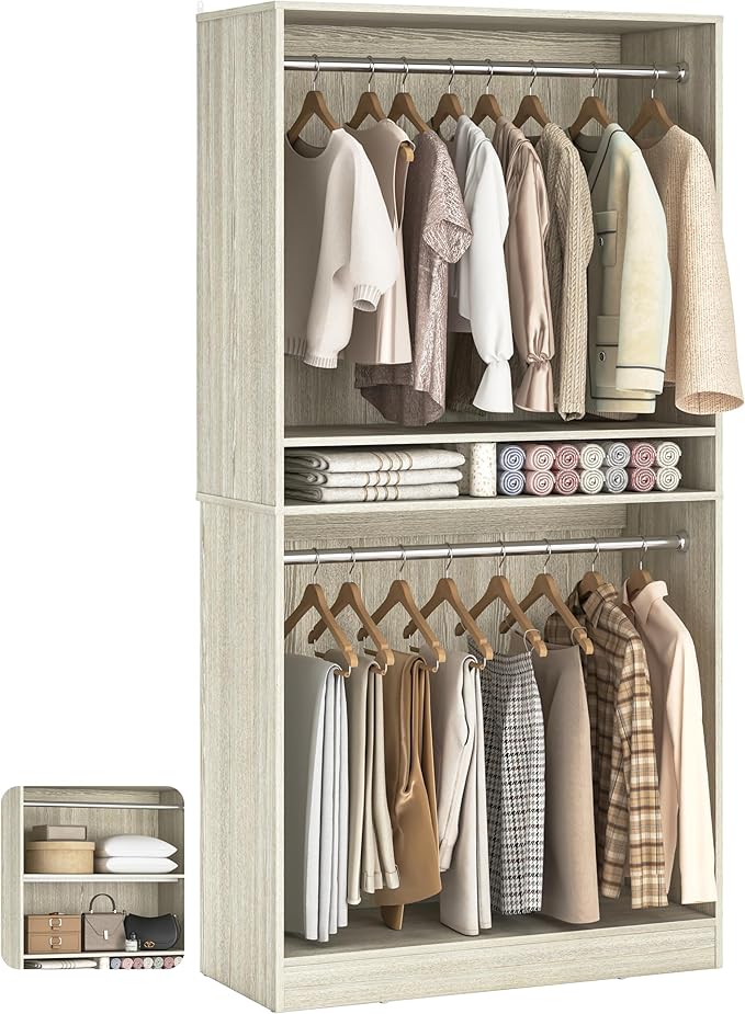 Unikito 3FT Freestanding Closet System with 2 Hanging Rods & Adjustable Shelve, 36'' Wood Closet Organizer System, Clothes Garment Rack, Sturdy Walk-in Closet Wardrobe Tower, Easy Assembly, White Oak