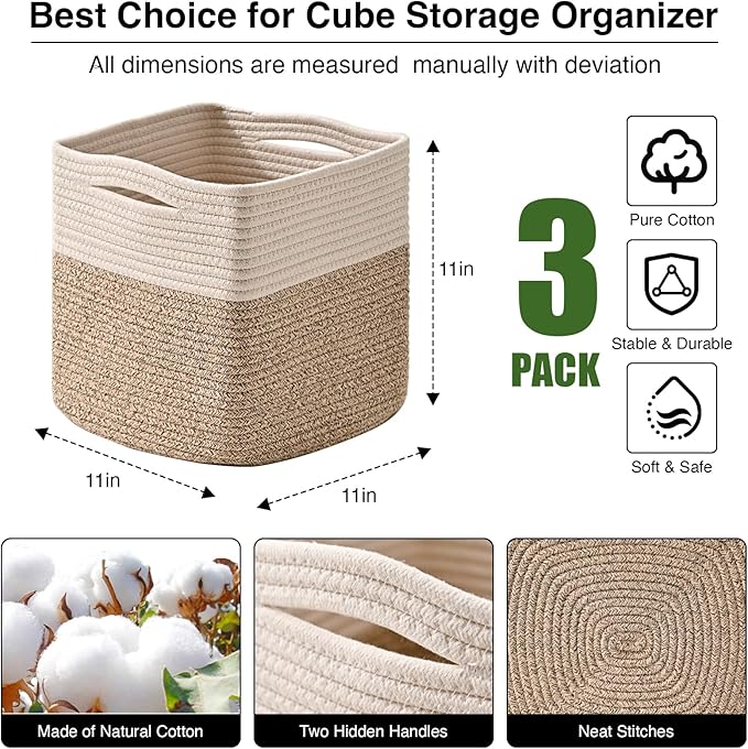 11 Inch Cube Storage Bins, Organizer Woven Cotton Rope Square Baskets for Organizing Shelves, Toys, Nursery, Off White & Brown (Pack of 3)