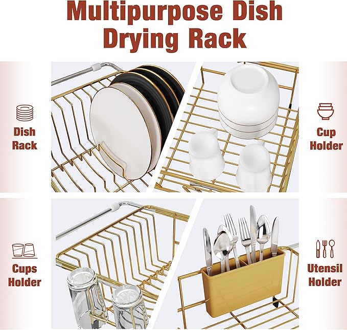 JASIWAY Sink Dish Drying Rack, Expandable Stainless Steel Dish Rack Over Sink, Kitchen Sink Drain Strainer with Cutlery Holder & Cup Holders, Space Saving Plates Dryer Rack, Gold