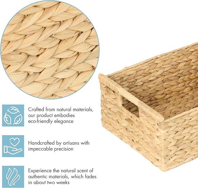 VATIMA Extra Large Wicker Basket Rectangular with Wooden Handles for Shelves, Water Hyacinth Basket Storage, Natural Baskets for Organizing, Wicker Baskets for Storage 16.7"x12.4"x7"