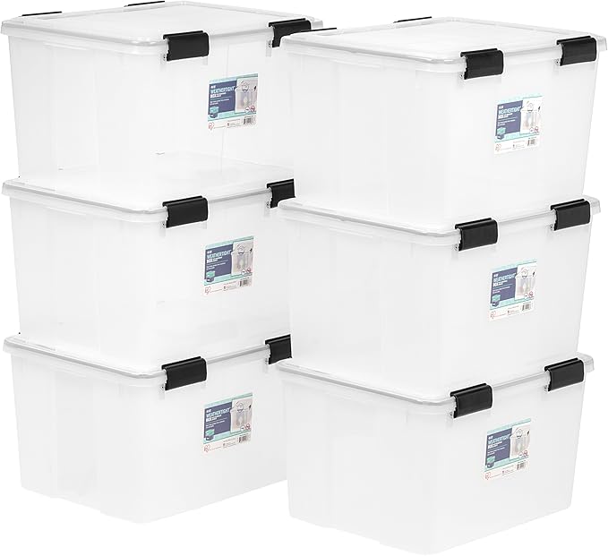 IRIS USA 47 Quart WEATHERPRO Plastic Storage Bins with Lids, Tote Organizing Container with Durable Lid and Seal and Secure Latching Buckles, 6 Pack