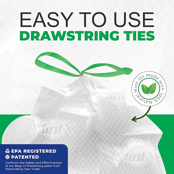 Mint-X MintFlex Rodent Repellent Trash Bags, Tall Kitchen Drawstring Bags, 1 FT 11 ¾ Inches X 2 FT 1 Inch, 0.90 MIL, 13 Gallon, 40 Count