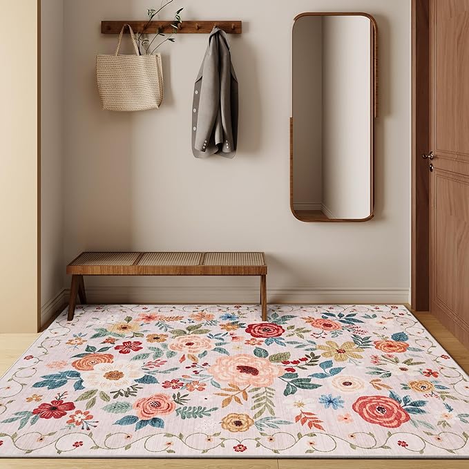DUKINO 4x6 Feet Office Chair Mat, Lightweight Non Slip Washable Floral Area Rug, Indoor Low Pile & Non-Shedding Boho Design Rugs for Bedroom, Living Room, Dining Room, Beige