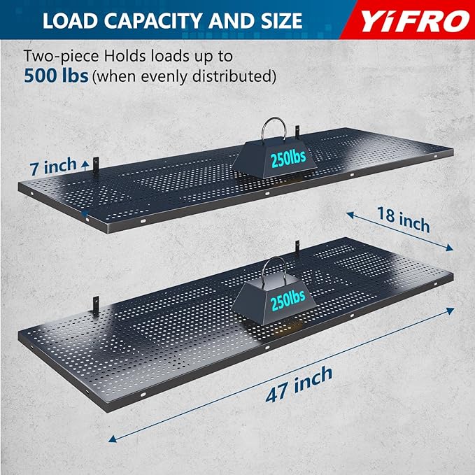 2-Pack 1.5x4ft Heavy Duty Garage Wall Shelving, 500 lbs Load Capacity, Garage Shelving Wall Mounted, Garage Storage Rack with Hooks, Black