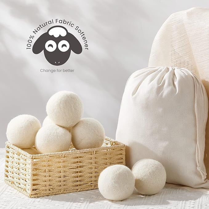 Roowest 60 Pcs Wool Dryer Balls Set Reusable Laundry Wool Balls with Muslin Bags Fabric Softener Anti Wrinkle Anti Static Saving Energy and Time