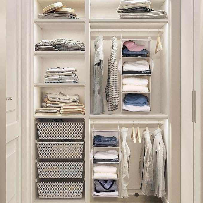 MAX Houser 4 Tier Shelf Hanging Closet Organizer, Closet Hanging Shelf with 2 Sturdy Hooks for Storage,2 Pack, Foldable (Beige)