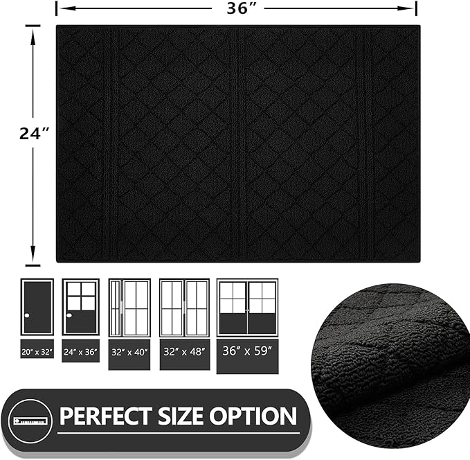REFETONE Indoor Doormat, Front Back Door Mat 24"x36" Absorbent Rubber Backing Non Slip Door Mats, Low-Profile Resist Dirt Entrance Rugs, Machine Washable Door Rugs Inside Floor Mat for Entryway, Black
