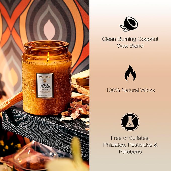 Voluspa Baltic Amber, Large Candle Jar, 18 oz, 100 Hour Burn Time, Coconut Wax for Clean Burning, Handcrafted in the USA