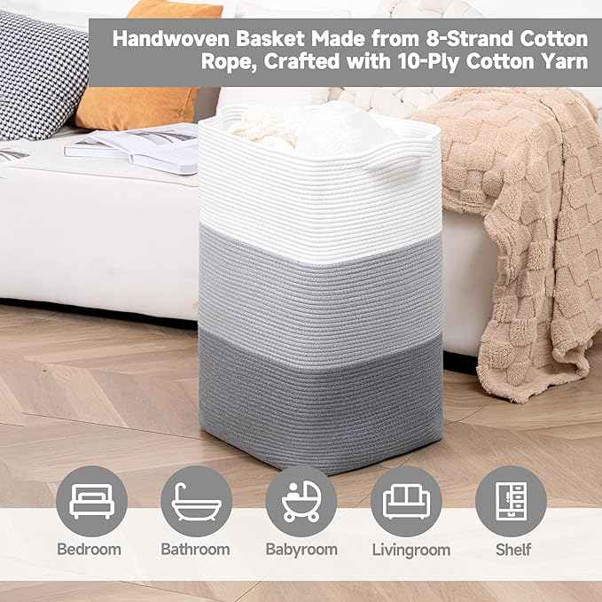 CLHMILY&Z 95L Laundry Basket Rectangular Grey Rope - 16x15x24 Inches - Dirty Clothes and Soft Storage Bin for Blankets, Toys, and Nursery Essentials
