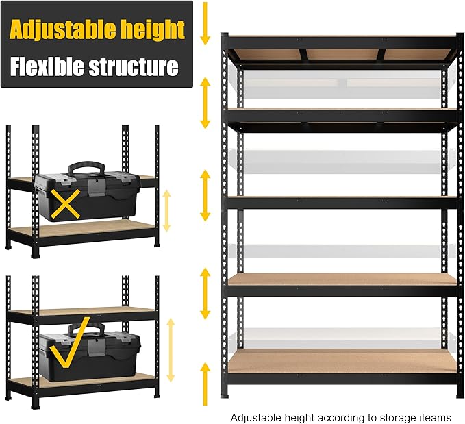 PrimeZone 3 Pack Storage Shelves 48" x 24" x 72", 5 Tier Adjustable Garage Storage Shelving, Heavy Duty Metal Storage Utility Rack Shelf Unit for Warehouse Pantry Closet Kitchen, Black