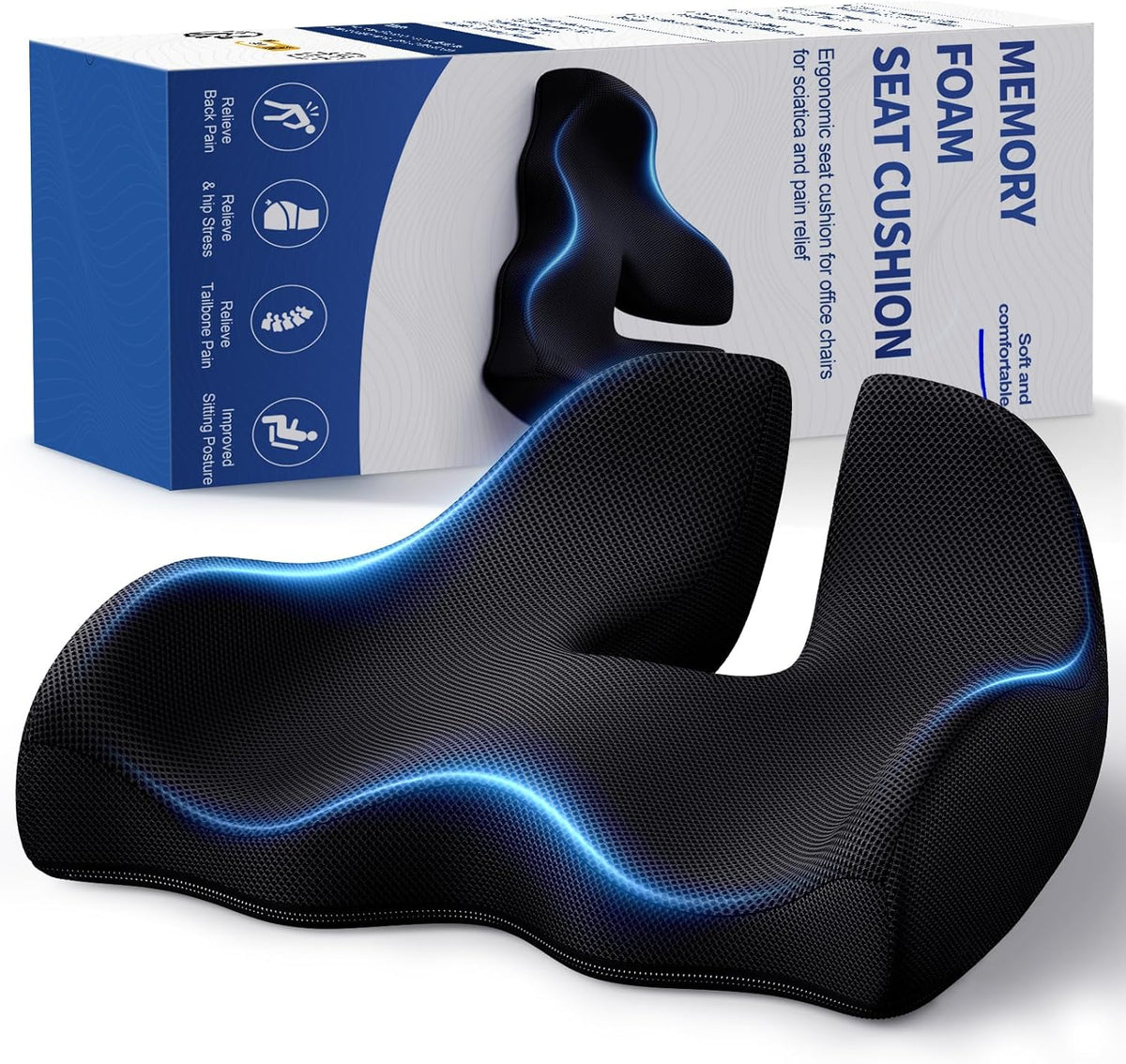 Benazcap X Large Memory Seat Cushion for Office Chair Ergonomic Cushions Butt Pillow for Pressure Relief Sciatica & Pain Relief Memory Foam for Long Sitting for Gaming Chair and Car Seat