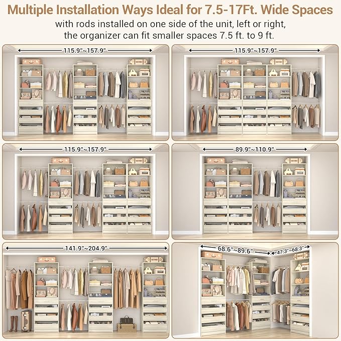 Aheaplus Closet System with 12 Drawers, 8.5-11.5Ft Wood Closet Organizer System with 4 Hanging Rods & 3 Towers, 4Ft & 6Ft L-Shaped Walk-in Closets Wardrobe Organizer Clothes Rack, Set of 3, White Oak