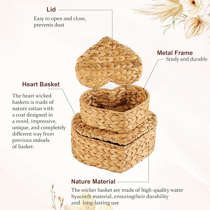 Set of 2 Heart Wicker Storage Bins with Lid, Small Rattan Basket Decorative Boxes, Multipurpose Organizer Display Boxes for Shelf Organizer, Boho Rattan Box for Home Decoration