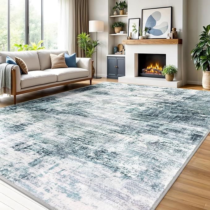 IOHOUZE Abstract Area Rugs 9x12 Ft Washable Large Rugs for Living Room, Non Slip Rubber Backed Dining Room Rug, Printed Faux Wool Rugs for Bedroom, Floor Carpet for Nursery Playroom, Sage Grey
