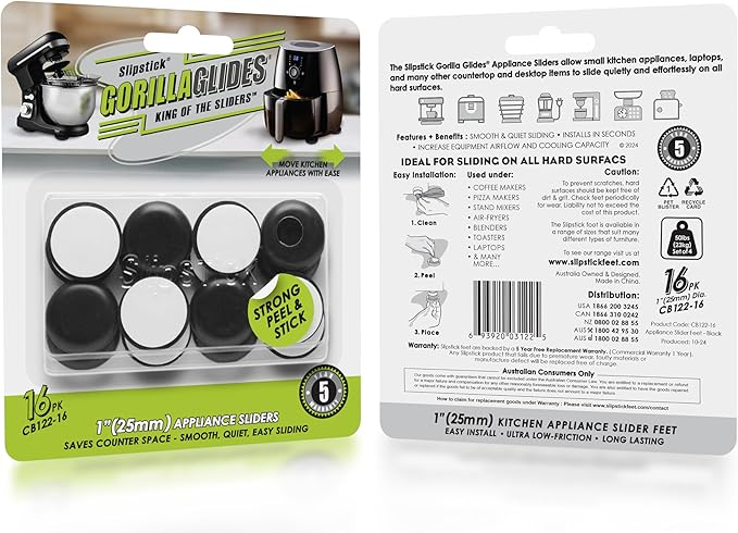 Slipstick GorillaGlides Kitchen Appliance Sliders (16 x 1” Round Glides) Self Adhesive Countertop Appliance Sliders Provide Easy Sliding and Saves Space on Counters