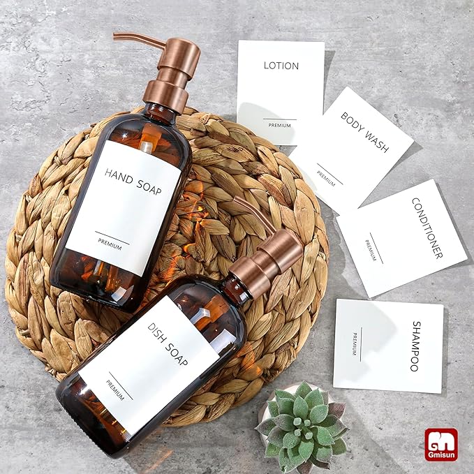 GMISUN Amber Glass Soap Dispenser, 2 Pack Bathroom Hand Soap Dispensers with Rose Gold Pump, 17 Fl Oz Kitchen Hand and Dish Soap Dispenser Set, Modern Vintage Liquid Brown Soap Dispensers Bottle