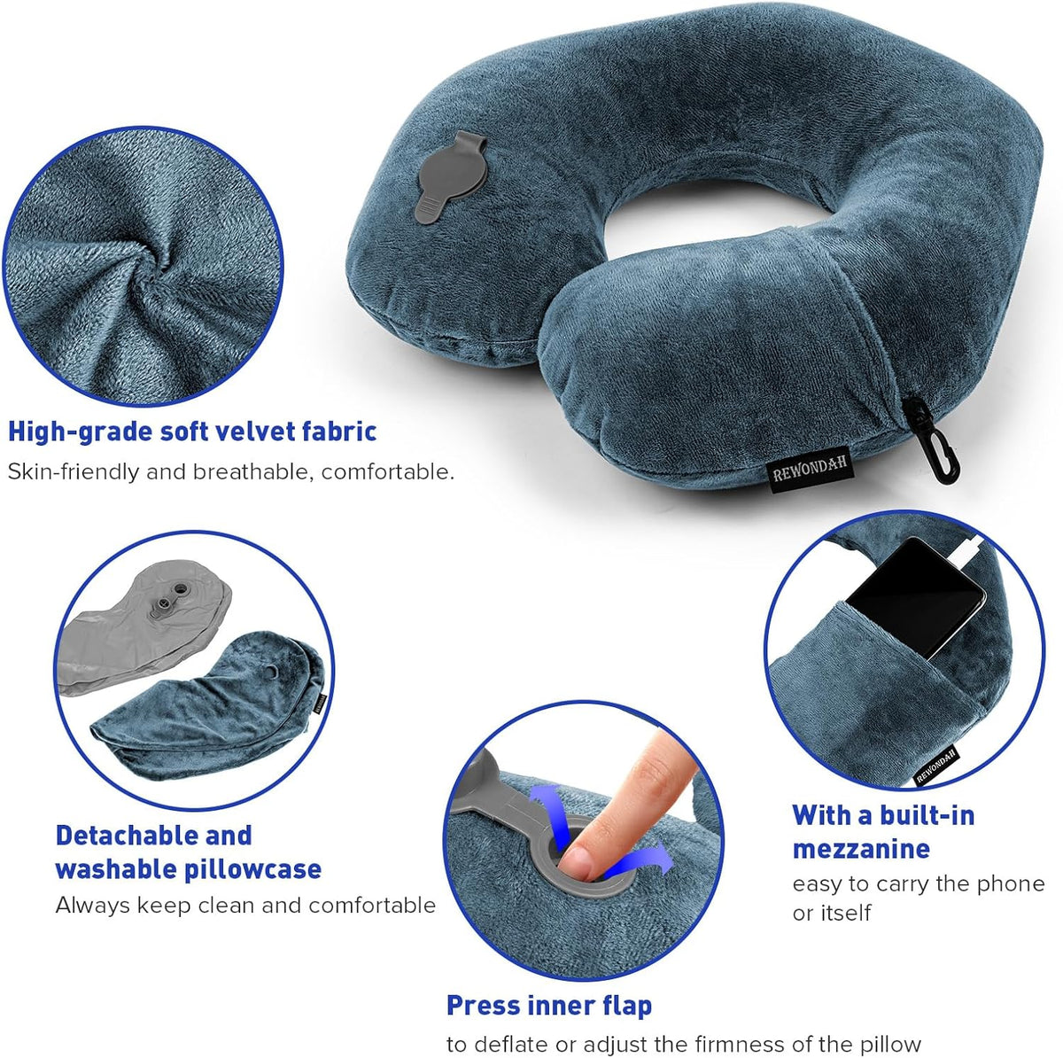 Rewondah Neck Pillows for Travel, Inflatable Travel Pillow, Inflatable Neck Pillow for Traveling Airplane with Soft Velour Washable Cover, U Shape Blow Up Neck Pillow for Airplanes Train Car Travel