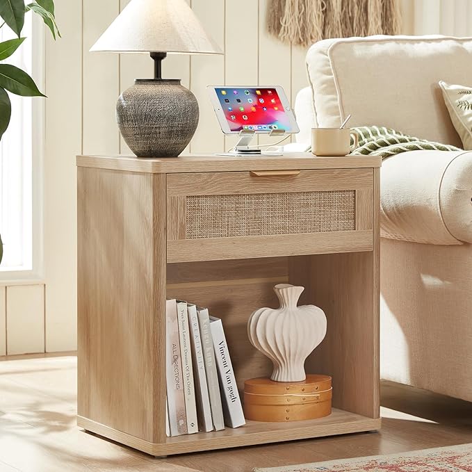 LEYAOYAO Rattan Nightstand with Charging Station, 23" Wide Boho Night Stand with Drawer, Natural Wood Bedside Table Open Storage Cabinet, Bed Side End Tables Dresser for Bedroom, Living Room, Hallway