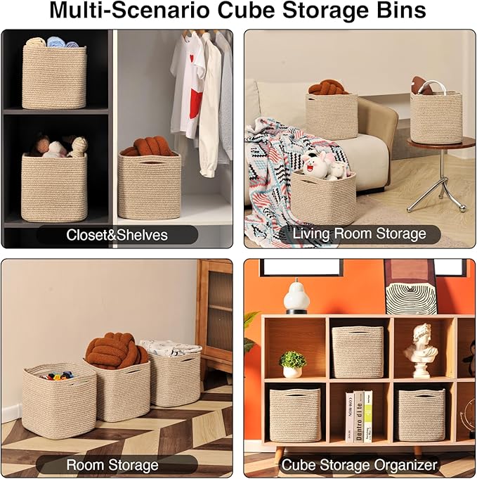 11 Inch Cube Storage Bins, Storage Cube Organizer Bins, Woven Cotton Rope Baskets for Storage, Storage Basket for Organizing Shelves, Square Baskets for Toys Nursery, Brown (Pack of 3)