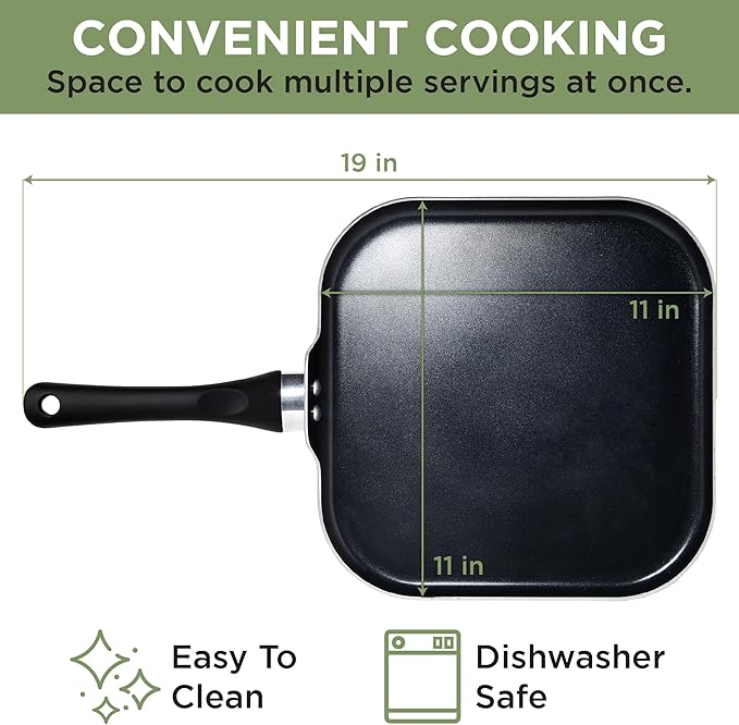 Ecolution Artistry Nonstick Square Griddle, Easy To Clean, Comfortable Handle, Even Heating, Dishwasher Safe Pots and Pans, 11-Inch, Black