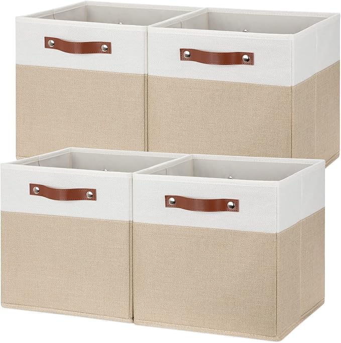 Temary Fabric Storage Cubes - 12 Inch Collapsible Bins (4Pack) - Empty Gift Baskets for Organizing Shelves, Closets, Nursery (White & Khaki)
