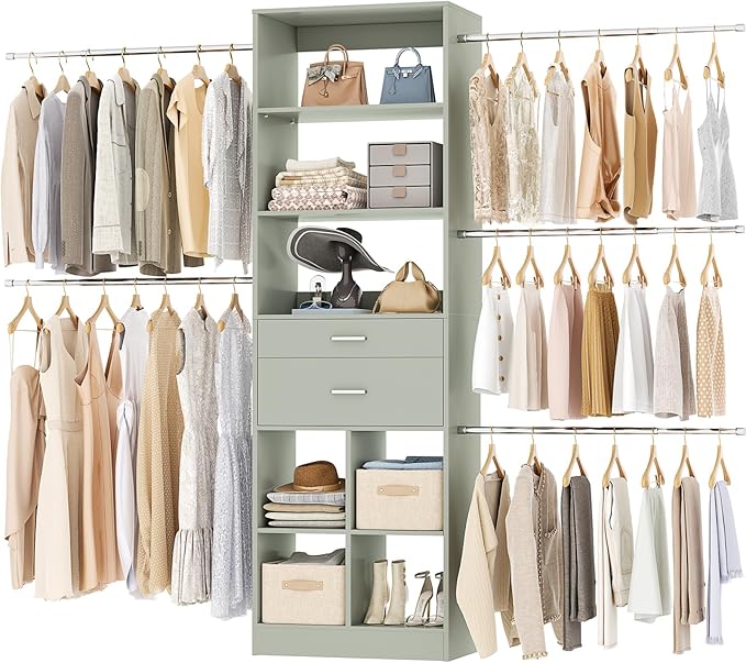 Closet System, 4-8 FT Closet Organizer Tower with 2 Wooden Drawers and Shelves, Can Fit 60 to 96 inch Walk-in Closet System with 5 Hang Rods, Built-in, Crab Green