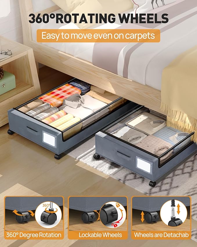 Under Bed Storage With Wheels, 2 Pack Square Containers, 60L Bins, Rolling Metal Drawer for Clothes, Blankets, Shoes
