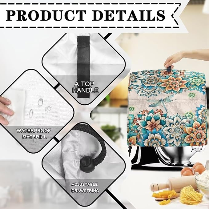 Stand Mixer Covers Compatible with 4.5-5 Quarts Boho Flower with Dragonfly Kitchen Aid Stand Mixer Dust Protector Cover Organizers with Handle Pocket