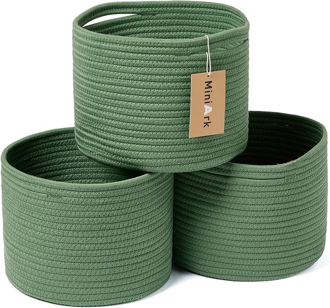 Small Basket for Organizing | Cube Shelf Closet Storage Baskets | 9.7×9.7×7.1” | Woven Rope Gift Basket | Nursery | Round 3 Packs Green
