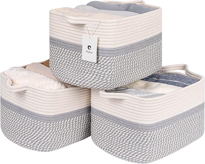 Medium and Large Woven Basket//With Handle, Used for Toys and Fabric Storage Basket used for Storing xl Storage Box, Decorative Storage Box Room 2pack (14L*10W*8.6H White/Gray, 14Lx10Wx8.6H)