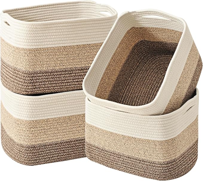 Storage Baskets for Organizing & Shelves, Woven Cotton Rope Organization Bins for Dog Toys, Clothes, Books, Nursery Organizer, 15"Lx11"Wx9.5"H, (4 Packs) Gradient Brown