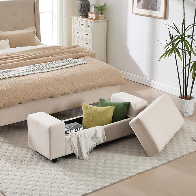 Storage Ottoman Bench,55 Inch End of Bed Linen Bench with Large Storage for Bedroom/Living Room/Entryway/Closet(Beige)