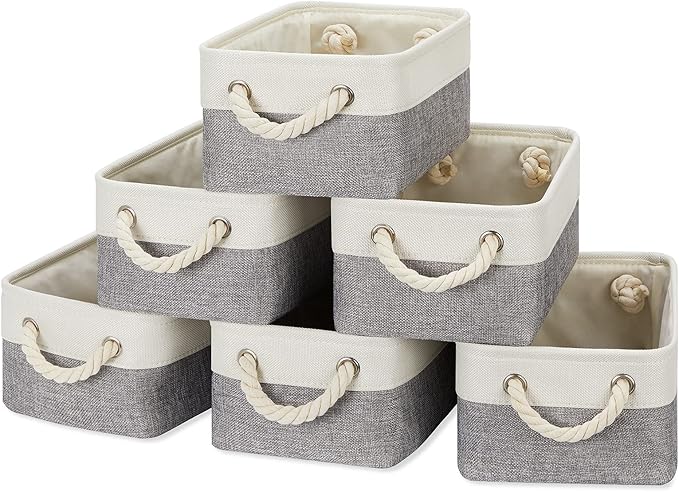 Temary Small Storage Baskets for Organizing 6Pcs Small Storage Bins, Decorative Collapsible Fabric Gift Baskets Empty for Home (White&Grey,11.8L x 7.9W x 5.3H inches)