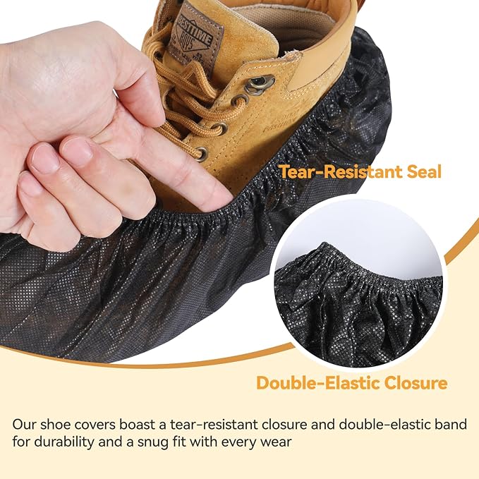 100Pcs Shoe Covers Disposable Non Slip, Large Size Non-Woven Boot Covers, Breathable and Durable, Fits US Men 6-14 Size, Reusable Slip-Resistant Booties for Indoors (Black)
