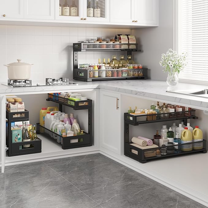 1 Pack 20.47IN Depth Under Sink Storage Organizer, Large 2-Tier Elegant Mesh Pull Out Shelf for Kitchen and Bathroom Cabinet Organization, L-Shaped and Adjustable Height Design-Black