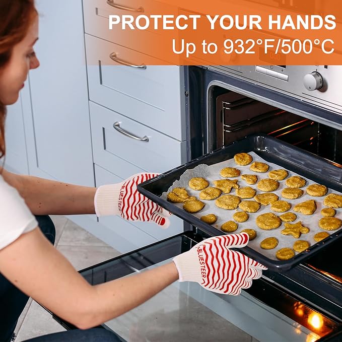Oven Gloves 932°F Heat Resistant Oven Mitts with Fingers, Heat Proof BBQ Grill Gloves Silicone Grip Fireproof Gloves for Kitchen Cooking Grilling Baking