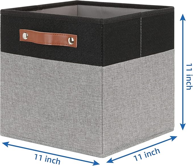 Temary 11 x 11 Cube Storage Bins Fabric Storage Cubes for Shelf, Closet, 4 Pack Cube Basket for Clothes, Storage Cube Bins with Leather Handles(Black&Grey)