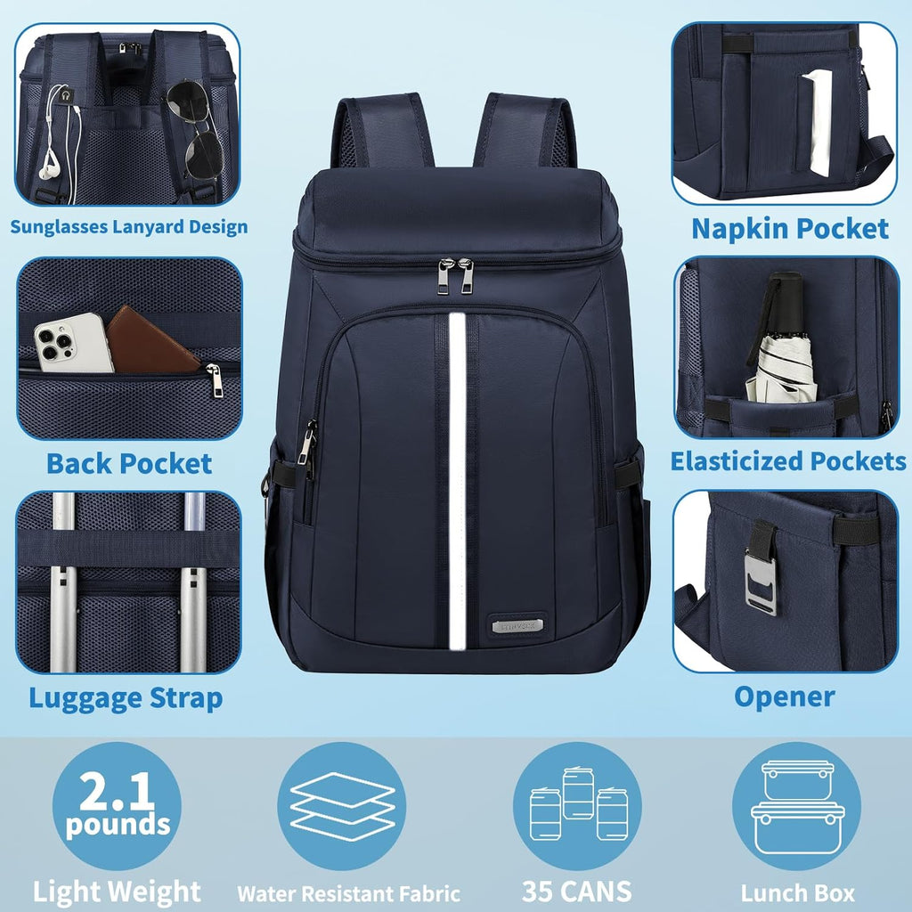 Backpack Cooler Insulated Leak Proof 35 Cans, 2 Insulated Compartments Thermal Bag, Portable Lightweight Beach Travel Camping Lunch Backpack for Men and Women, 30L, Reflective Stripes, Water-Resistant