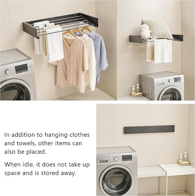 JOOM Laundry Drying Rack Collapsible, Wall Mounted Clothes Drying Rack, Retractable Drying Rack, 31.5" Wide, 5 Aluminum Rods, 60 lb Capacity (Black 31.5")